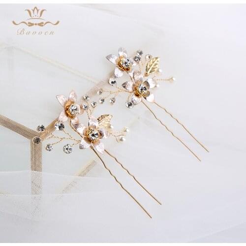Bavoen 2 pieces/lot Handmade Gold Flowers Brides Hairpins Brides Crystal Hair sTICKS Wedding Hair Accessories