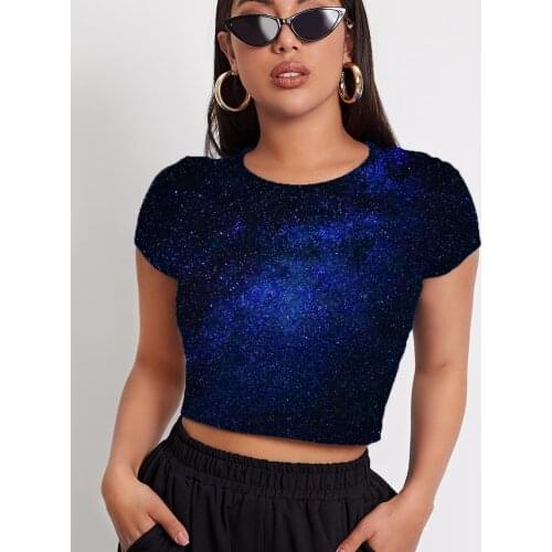 3d Tshirt Galaxy T shirt Women Space Navel Bare Universe T-shirts 3d Dark Blue Tshirts Casual Womens Clothing T shirts New Slim