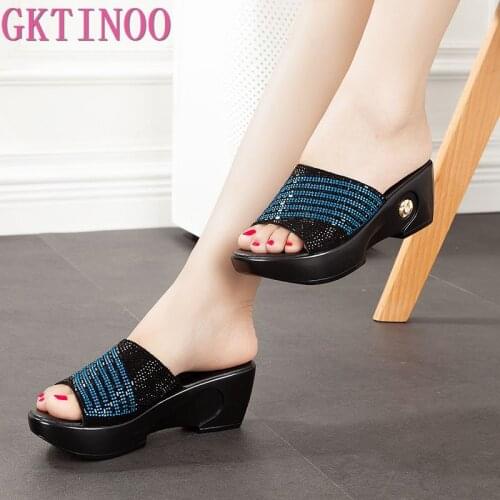 GKTINOO Women Slippers 2020 Ladies Summer Slippers Genuine Leather Shoes Women Wedges Heels Fashion Rhinestone Summer Shoes