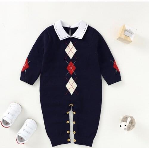 Newborn Baby Girl Boy Turn-down Collar Rompers Solid Knitted Clothes Spring Autumn Clothes For Kids