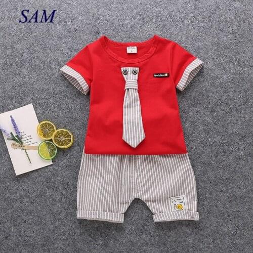 2020 summer boys clothes suit kids short sleeve tie tops + striped shorts 2 pcs clothing sets causal clothes for children