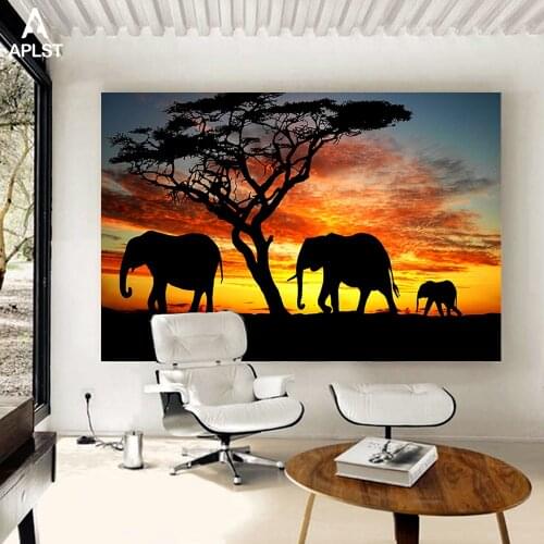 African Plains Sunset Elephant Prints Painting On Canvas Animal Posters Wall Art Pictures for Living Room House Decorative Gift