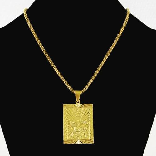 Mens Boys Fashion Hiphop Rap Jewelry 24K Pure Gold Color Square Pendants Necklace Vintage Gold Plating Necklaces Popcorn Chain