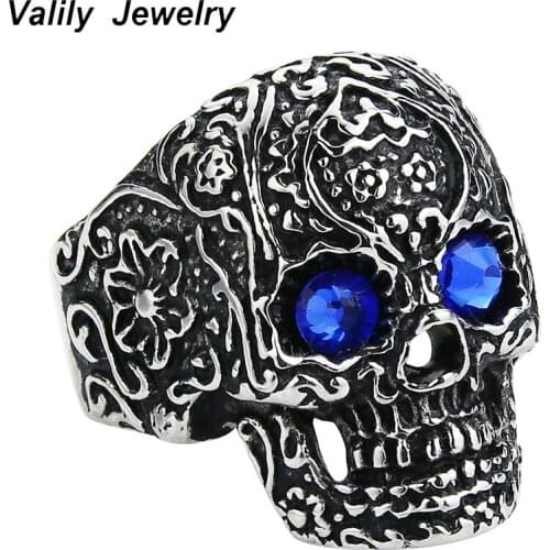 Valily Jewelry Mens Skull Ring Red Eye Vintage Classic Gothic Biker Skull Flower Pattern Rings Stainless Steel band ring For Men