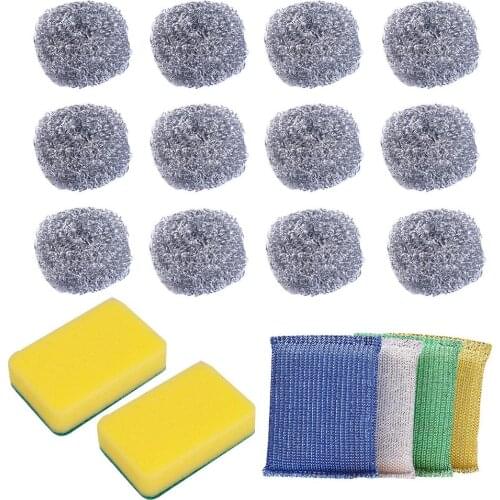 12Pcs Steel Wire Cleaning Ball Set Household Sponges Scrubbers Stainless Steel Pot Washing Kitchen Cleaning Supplies