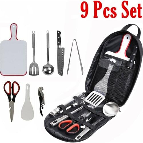 Picnic Bbq Cookware 9 Pcs Set Stainless Steel Cooking Baking Utensils Cutting Board/spatula/scissors/pot Spoon/tongs/rice Paddle