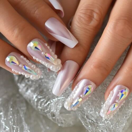 Coffin Shape Fake Nails Golden-Pink Long False Nails Colorful Rhinestone Mixed V Pearl Garnish Press On Nails Manicure Tools