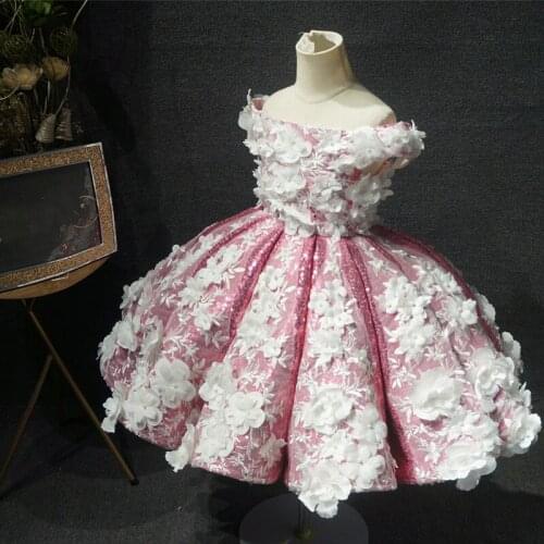 New Pink Baby Girl Dresses Puffy Skirt Sequins 3D Flowers Girls Birthday Dresses Custom Made