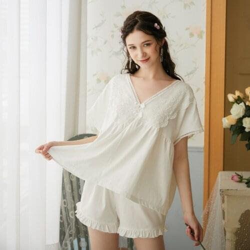 Roseheart White Sexy Women Sleep Nightwear V Neck Night Lace Bow Cotton Pajama Sets Sleepwear 2 Pieces Shorts Homewear