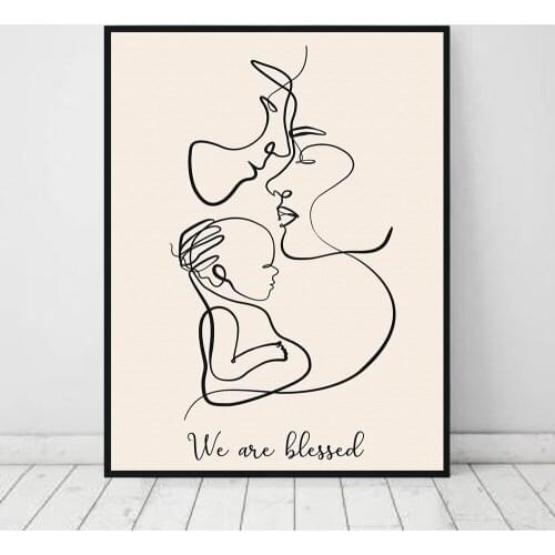 Family Portrait Mom Dad Baby Art Line Drawing Posters Abstract Minimalist Wall Canvas Print Painting New Parent Baby Shower Gift