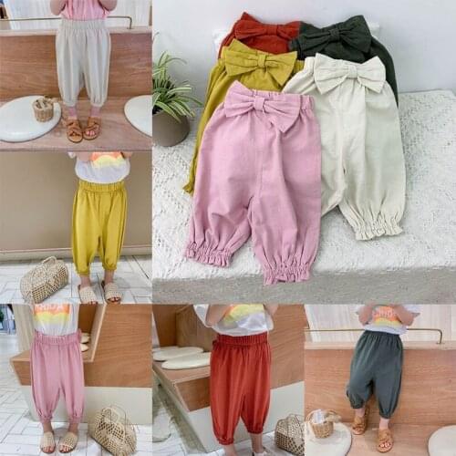 Girls Pants Summer Children Girls Cotton Printed Casual Pants Child Trousers With Bow-knot Lattice Baby Loose Pants723