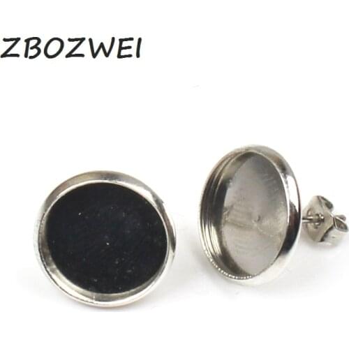 12mm 50pcs Plated High Quality Stainless Iron Earring Studs(with Ear plug) Base,Fit 12mm Glass Cabochons