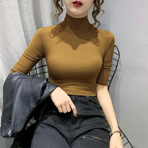 2021 Casual Woman Tshirt Cotton Top Korean Tee Shirt Femme Candy Color Half Sleeve T Shirt Summer Turtleneck T-Shirt Women