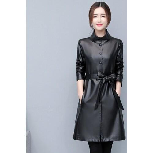 Black faux leather blazer women long sleeve belt Plus size leather jacket women 5XL New arrivals 2021 womens clothing
