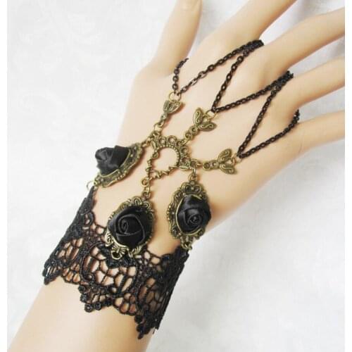 Black Rose and Chain Links Women`s Lace Hand Bracelet