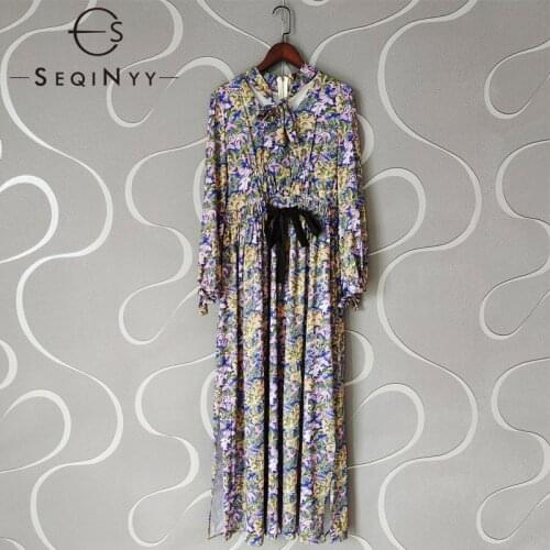 EQINYY Vintage Midi Dress Spring Autumn New Fashion Design Women Runway Purple Flowers Print A-Line Elegant Elastic Waist