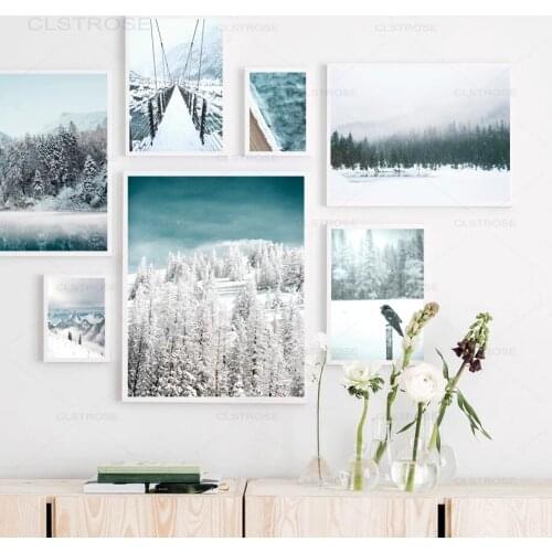 Winter landscape nordic poster Snow Forest Birch Bird Lake Bridge Canvas Painting home decor Wall art Pictures for Living Room