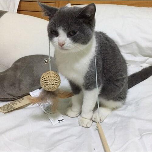 1pc Cat Teaser Toy Wooden Rod Ball Fake Feather Ball Decor Interactive Toy
