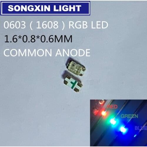 100pcs SMD 0603 (1608) RGB Tricolor 20mA Red Green Blue Ultra Bright Surface Mount LED Chips Common Anode Light Emitting Diode