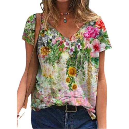 3D Floral Printed T Shirt Women Short Sleeve V-Neck Loose Oversized Casual Tops 3XL Plus Size Streetwear Ladiess Tee Summer 2021