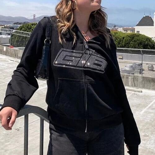 Zipper Hoodie Rhinestone Letter Print Women Long Sleeve Sweatshirt Harajuku Casual Loose Oversized Hoodie 90s Streetwear winter