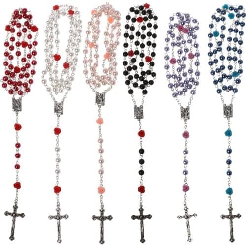 Catholic Crucifix Imitation Pearls Beads Rosary Necklace Religious Jesus Jewelry dropship