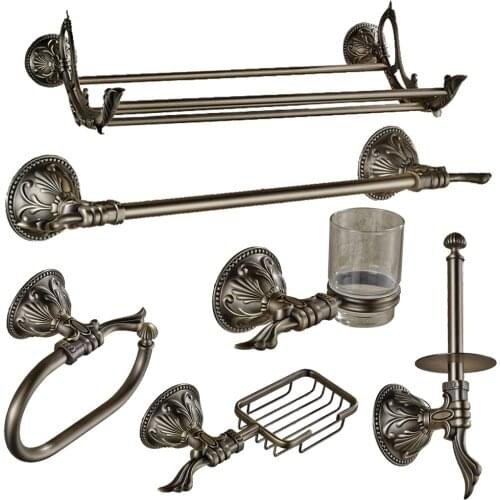 Antique Bronze Carved Bath Hardware Sets Brushed Leaf Solid Brass Bathroom Accessories Wall Mounted Bathroom Products ui42