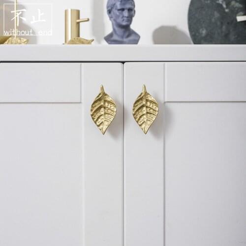 LKL Original Design Nordic Style Brass Small Handle Cabinet Furniture Wardrobe Door Handle Drawer Gold Tree Leaf Knobs