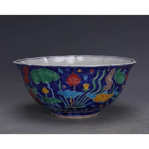 Ming Dyansty Xuande Neiji Blue Enamel Scraped Fish Algae porcelian Bowl