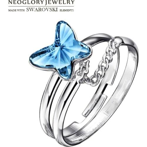 Neoglory Austria Crystal Adjustable & Fixed Finger Chain 2 Rings Elegant Butterfly Style Alloy Plated Cute Design For Girl Gift
