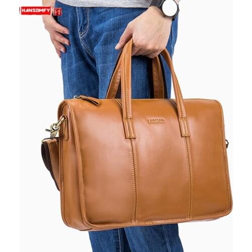 New Genuine Leather Men Briefcases Business Laptop Bag Portable Handbags Cowhide Shoulder Travel Bags Male Crazy Horse Leather