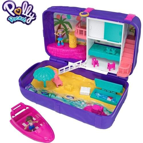 Original Polly Pocket Hidden Places Beach Vibe Backpack with Beach Treasure Box Mini Doll Play House Girls Toy Accessories FRY40