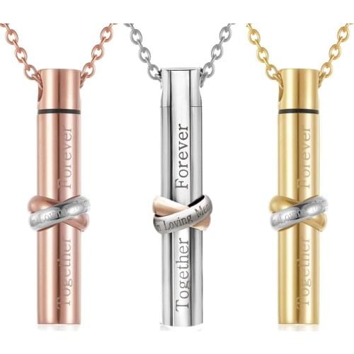"Together Forever" Cremation Urn Necklace Stainless Steel Memorial Keepsake Cylinder Urn Pendant