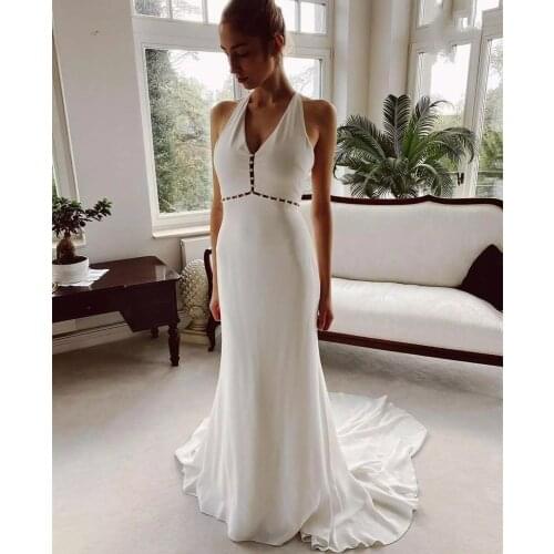 Simple Sheath Wedding Dress Sexy Backless Sweep Train Chiifon Bridal Gown With Pearls Gorgeous Custom Made Formal Dresses