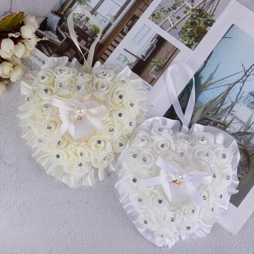 Romantic Rose Wedding Ceremony Favors Heart Shaped Pearl Gift Ring Box Ring Bearer Pillow Cushion