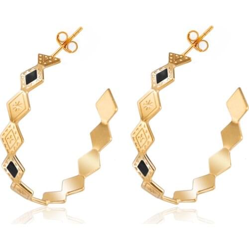 Bohemian Stainless Steel Gold Open Hoop Earrings For Women Black Enamel Geometric Big Circle Hoops Earrings Jewelry Wholesale