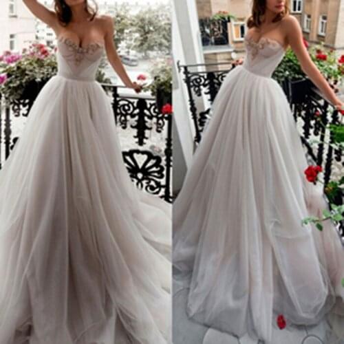 2019 Tulle Evening Dress Strapless A Line Puffy Pearls Formal Occasion Dresses Cheap Prom Party Gowns