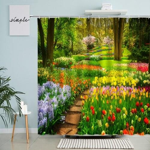 Natural Forest Scenery Shower Curtain Green Plants Bamboo Tree Flowers Road Park Landscape Bathroom Accessories With Hook Screen