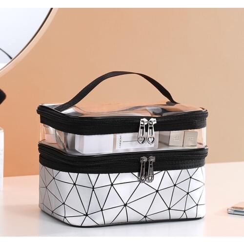 Female Double Layer Cosmetic Bag Geometric Pattern Womens Toiletry Organizer Bag Multifunctional Waterproof Portable Makeup Bag
