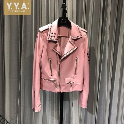High Quality Women Pink Sheepskin Genuine Leather Jacket Short Rivets Star Studded Punk Style Coat Ladies Runway Biker Jacket