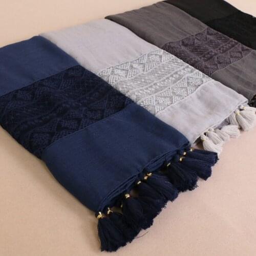 Women Lace cotton scarf foulard Luxury geometric tassel hijab soft plain shawl muslim long headband max Beach pashmina 210*70cm