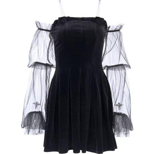 Y166 Dark Gothic Lolita Women Black Velvet Mini Slim Dress Mesh Lantern Sleeve Sexy Off Shoulder Pleated Ruffles Cubwear