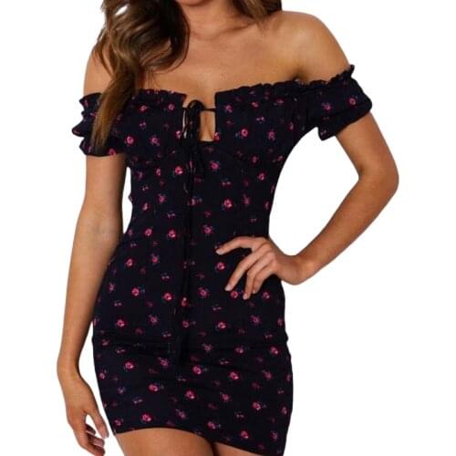 Womens Off Shoulder Bodycon Dress, Sexy Short Sleeve Tie Up Front Floral Print Mini Club Dress Summer 2021