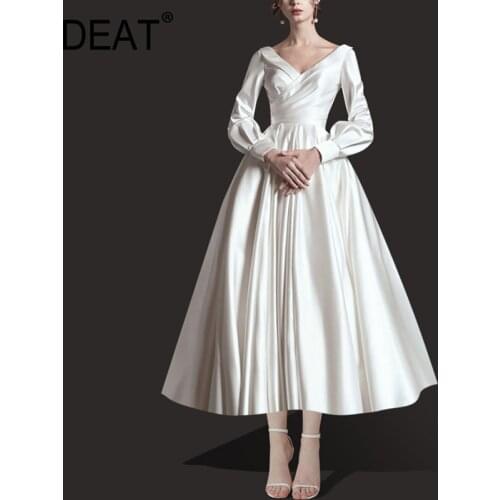 DEAT Women Maxi Dress White V Collar High Waist Slim Long Length Elegant Ball Gown Dresses Vintage 2021 Autumn Fashion 15HT367