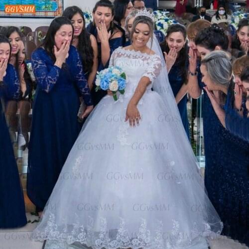 Fashion White Wedding Dress 2021 Arabic Half Sleeves robe de mariage Lace Appliqus Tulle Ball Gown Bride Dresses For Women Dubai