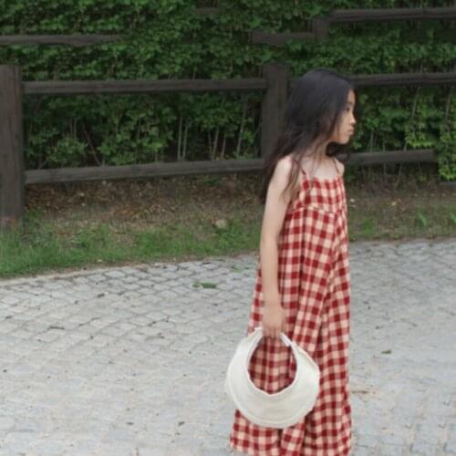 2021 Summer Kids and Teen Maxi Dress Girls Plaid Casual Beach Dress New Children Backless Cotton Korean-Style Clothing, #9326