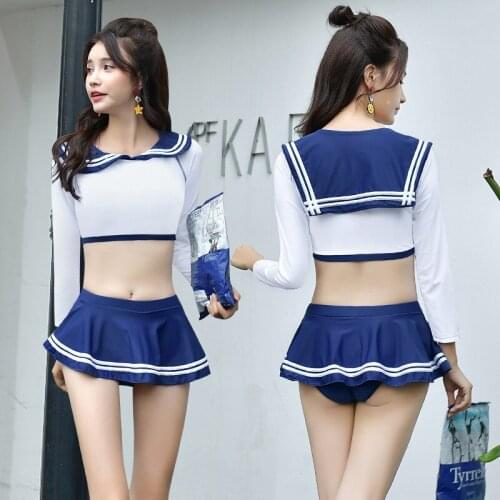 2021 Navy Uniform Student Small Fresh Swimsuit Fashionable Sexy Sports Leisure Split Triangle Skirt Two-piece Hot Spring