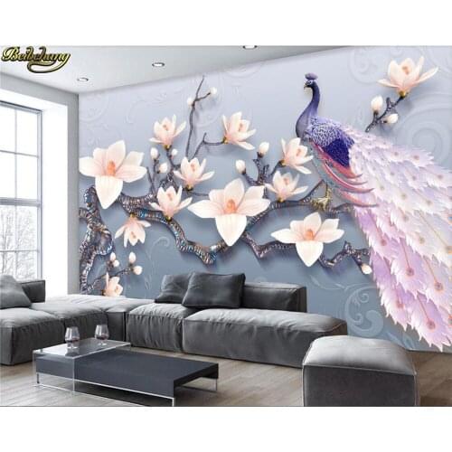 Beibehang Custom Photo Wallpaper Mural 3D Embossed Magnolia Peacock Fresh European TV Background Wall papel de parede 3d