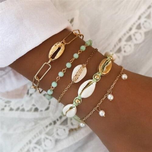 5 Pcs/Set Bohemian Ethnic Handmade Weave Shell Bracelets Vintage Beads Gold Chain Pearl Bracelet Set for Women Jewelry Gifts