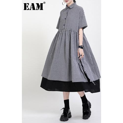 [EAM] Women Plaid Spliced Fake Two Pieces Pleated Slit Dress Lapel Half Sleeve Loose Fit Fashion Tide Spring Summer 2021 1DD8608